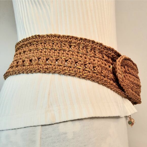 Boho Lux Golden Brown Crochet Belt Medium Waist Jumbro Statement Wrapped Buckle - Picture 4 of 11